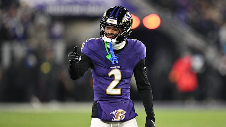 Jan 11, 2025; Baltimore, Maryland, USA; Baltimore Ravens cornerback Nate Wiggins (2) reacts in the first quarter against the Pittsburgh Steelers in an AFC wild card game at M&T Bank Stadium. Mandatory Credit: Tommy Gilligan-Imagn Images