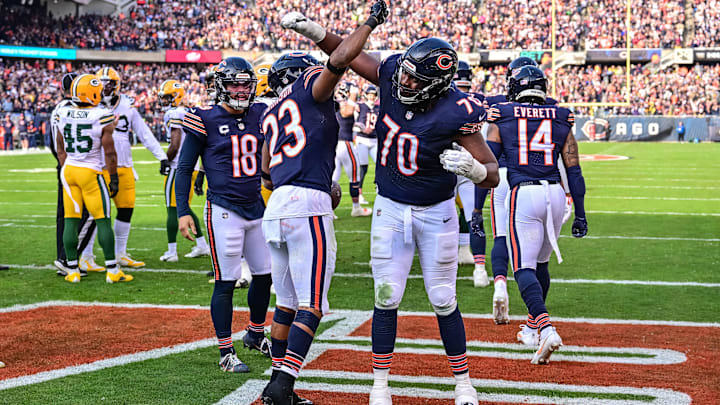 Braxton Jones (70) was a key player in last year's win over the Rams by the Bears but is inactive for Sunday's playoff game.