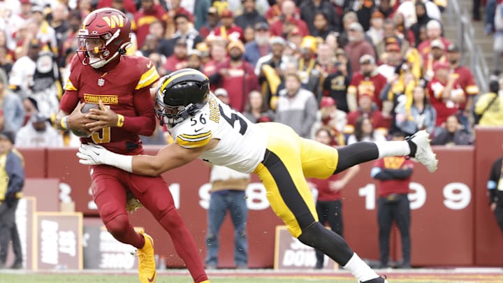 Nov 10, 2024; Landover, Maryland, USA; Pittsburgh Steelers linebacker Alex Highsmith (56) sacks Washington Commanders quarterback Jayden Daniels (5) during the first half at Northwest Stadium. Mandatory Credit: Amber Searls-Imagn Images Nov 10, 2024; Landover, Maryland, USA; Pittsburgh Steelers linebacker Alex Highsmith (56) sacks Washington Commanders quarterback Jayden Daniels (5) during the first half at Northwest Stadium. Mandatory Credit: Amber Searls-Imagn Images