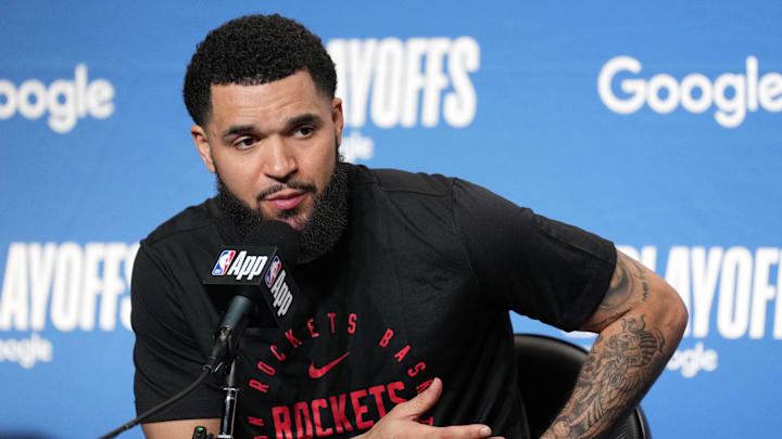 Apr 26, 2025; San Francisco, California, USA; Houston Rockets guard Fred VanVleet talks to media members after game three of first round for the 2024 NBA Playoffs at Chase Center. Mandatory Credit: Darren Yamashita-Imagn Images