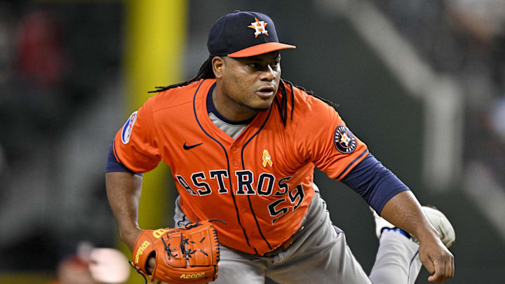 Sep 7, 2025; Arlington, Texas, USA; Houston Astros starting pitcher Framber Valdez (59) pitches against the Texas Rangers during the first inning at Globe Life Field. Mandatory Credit: Jerome Miron-Imagn Images