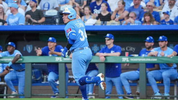 Jul 26, 2025; Kansas City, Missouri, USA; Kansas City Royals catcher Freddy Fermin (34) runs the bases after hitting a two run home run against the Cleveland Guardians in the second inning at Kauffman Stadium. Mandatory Credit: Denny Medley-Imagn Images