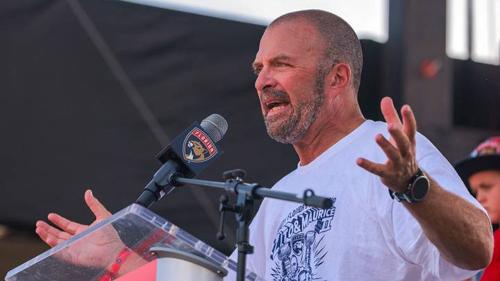 Jun 22, 2025; Fort Lauderdale, Florida, UNITED STATES; Florida Panthers general manager Bill Zito speaks during the Stanley Cup championship parade and rally. Mandatory Credit: Sam Navarro-Imagn Images