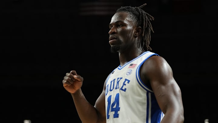 Apr 5, 2025; San Antonio, TX, USA; Duke Blue Devils guard Sion James (14) reacts after a play against the Houston Cougars during the second half in the semifinals of the men's Final Four of the 2025 NCAA Tournament at the Alamodome. Mandatory Credit: Bob Donnan-Imagn Images Apr 5, 2025; San Antonio, TX, USA; Duke Blue Devils guard Sion James (14) reacts after a play against the Houston Cougars during the second half in the semifinals of the men's Final Four of the 2025 NCAA Tournament at the Alamodome. Mandatory Credit: Bob Donnan-Imagn Images