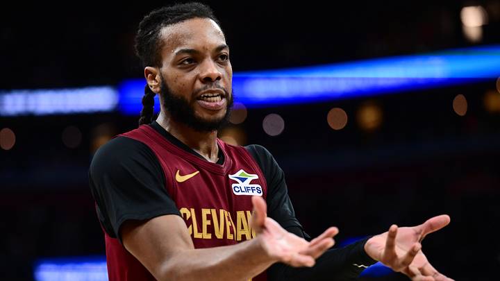 Jan 12, 2026; Cleveland, Ohio, USA; Cleveland Cavaliers guard Darius Garland (10) argues a call with referee Brent Barnaky (not pictured) during the second half against the Utah Jazz at Rocket Arena. Mandatory Credit: Ken Blaze-Imagn Images