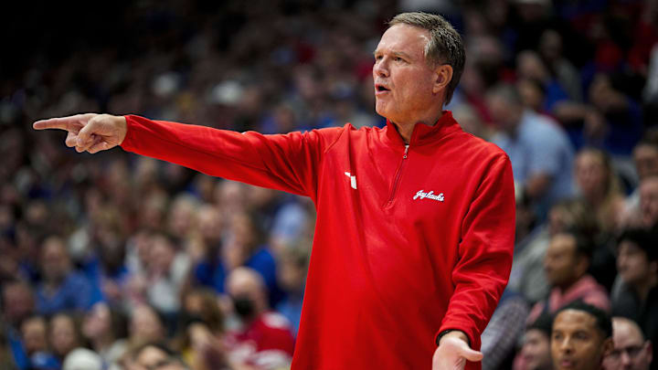 Nov 3, 2025; Lawrence, Kansas, USA; Kansas Jayhawks head coach Bill Self reacts during the first half against the Green Bay Phoenix at Allen Fieldhouse. Mandatory Credit: Jay Biggerstaff-Imagn Images