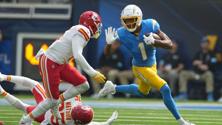 Los Angeles Chargers wide receiver Quentin Johnston carries the ball against the Kansas City Chiefs.