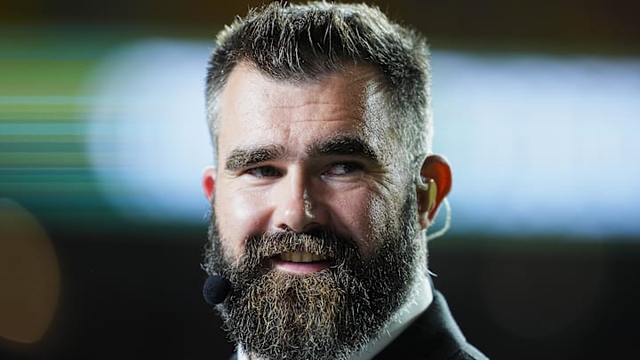 Broadcaster Jason Kelce prior to a game between the Tampa Bay Buccaneers and the Kansas City Chiefs at GEHA Field at Arrowhead Stadium.