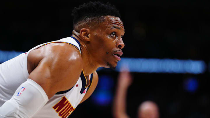 Apr 11, 2025; Denver, Colorado, USA; Denver Nuggets guard Russell Westbrook (4) during the second half against the Memphis Grizzlies at Ball Arena. Mandatory Credit: Ron Chenoy-Imagn Images