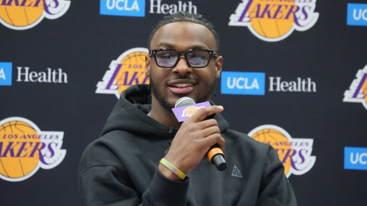 Jul 2, 2024; El Segundo, CA, USA; Los Angeles Lakers second round draft pick Bronny James at a press conference at the UCLA Health Training Center. Mandatory Credit: Kirby Lee-USA TODAY Sports