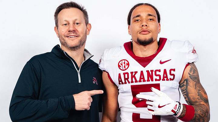 Arkansas Razorbacks coach Ryan Silverfield (left) with transfer wide receiver Donovan Faupel (right) during his official visit to Fayetteville. Arkansas Razorbacks coach Ryan Silverfield (left) with transfer wide receiver Donovan Faupel (right) during his official visit to Fayetteville.