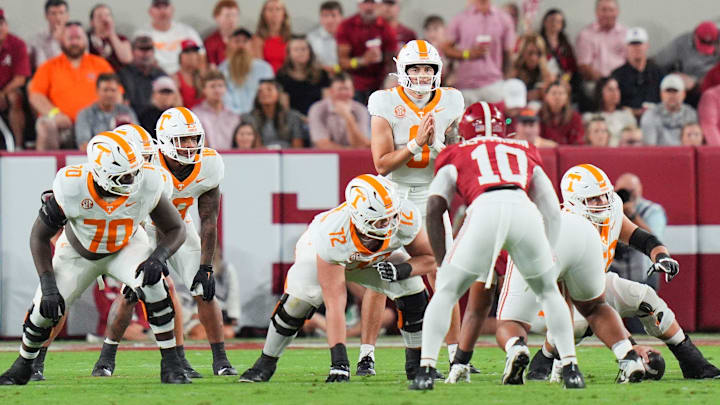 Tennessee quarterback Joey Aguilar (6) waits for the snap during a college football game against Alabama at Bryant-Denny Stadium in Tuscaloosa, Ala., on Oct. 18, 2025.