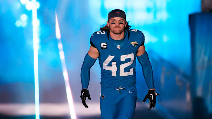Jacksonville Jaguars safety Andrew Wingard (42) is introduced before a regular season NFL football matchup Sunday, Dec. 17, 2023 at EverBank Stadium in Jacksonville, Fla. The Baltimore Ravens defeated the Jacksonville Jaguars 23-7. [Corey Perrine/Florida Times-Union]