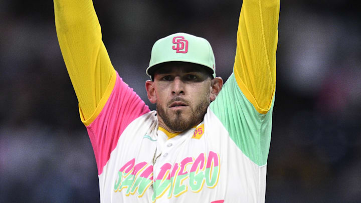 Sep 20, 2024; San Diego, California, USA; San Diego Padres starting pitcher Joe Musgrove (44) prepares to pitch against the Chicago White Sox during the first inning at Petco Park. Mandatory Credit: Orlando Ramirez-Imagn Images