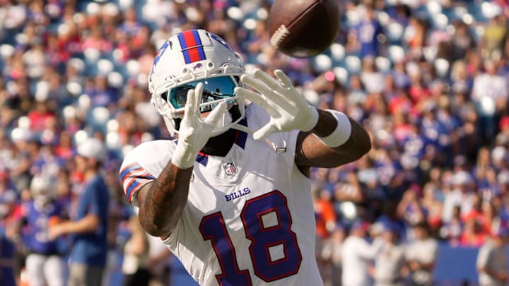 Buffalo Bills wide receiver Elijah Moore catches a pass during the Return of the Blue & Red practice at Highmark Stadium in Orchard Park on Aug.1, 2025.