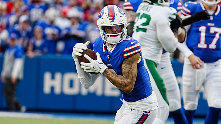 Buffalo Bills wide receiver Keon Coleman (0) runs with the ball after catching a pass during first half action at the Bills home game against the New York Jets at Highmark Stadium in Orchard Park on Dec. 29, 2024.