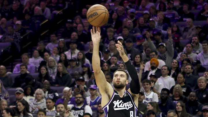Nov 24, 2025; Sacramento, California, USA; Sacramento Kings guard Zach LaVine (8) shoots a 3-pointer against the Minnesota Timberwolves during the second quarter at Golden 1 Center. Mandatory Credit: Dennis Lee-Imagn Images