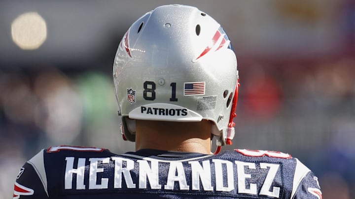 Sep 18, 2011; Foxborough, MA, USA; New England Patriots tight end Aaron Hernandez (81) warms up before the game against the San Diego Chargers at Gillette Stadium. Mandatory Credit: David Butler II-Imagn Images Sep 18, 2011; Foxborough, MA, USA; New England Patriots tight end Aaron Hernandez (81) warms up before the game against the San Diego Chargers at Gillette Stadium. Mandatory Credit: David Butler II-Imagn Images