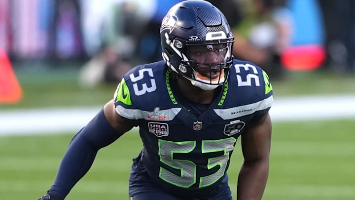 Feb 8, 2026; Santa Clara, CA, USA; Seattle Seahawks linebacker Boye Mafe (53) during the second quarter against the New England Patriots in Super Bowl LX at Levi's Stadium.