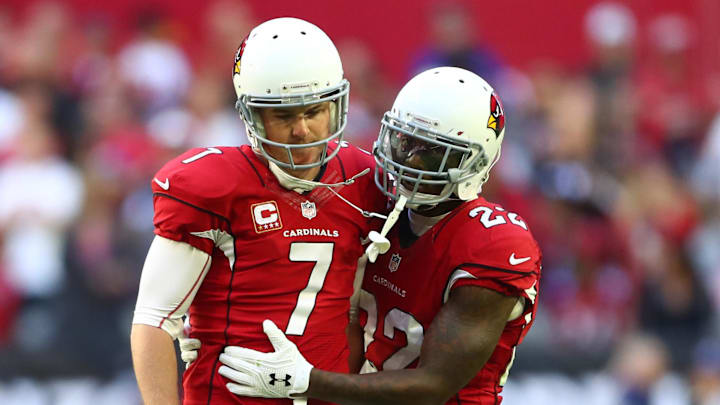 Dec 18, 2016; Glendale, AZ, USA; Arizona Cardinals safety Tony Jefferson (22) consoles kicker Chandler Catanzaro (7) as he reacts after missing an extra point attempt against the New Orleans Saints at University of Phoenix Stadium. The Saints defeated the Cardinals 48-41. Mandatory Credit: Mark J. Rebilas-Imagn Images Dec 18, 2016; Glendale, AZ, USA; Arizona Cardinals safety Tony Jefferson (22) consoles kicker Chandler Catanzaro (7) as he reacts after missing an extra point attempt against the New Orleans Saints at University of Phoenix Stadium. The Saints defeated the Cardinals 48-41. Mandatory Credit: Mark J. Rebilas-Imagn Images