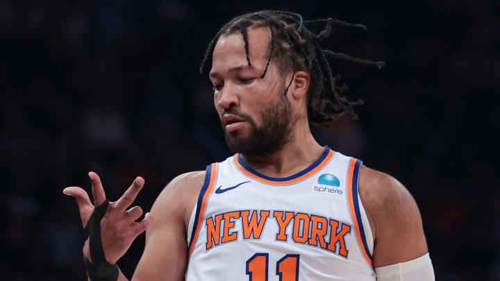 Nov 30, 2023; New York, New York, USA; New York Knicks guard Jalen Brunson (11) reacts after making a three point basket during the first half against the Detroit Pistons at Madison Square Garden. Mandatory Credit: Vincent Carchietta-USA TODAY Sports
