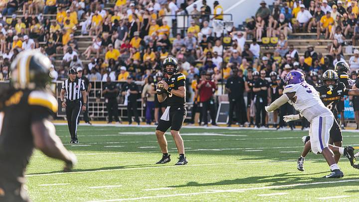 Ethan Hampton dropping back for a pass against Alcorn State and a Week 1 showdown at The Rock. 