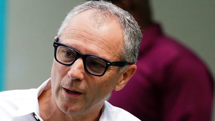 May 5, 2024; Miami Gardens, Florida, USA; CEO of the Formula One group Stefano Domenicali arrives in the paddock before the Miami Grand Prix at Miami International Autodrome. Mandatory Credit: John David Mercer-Imagn Images