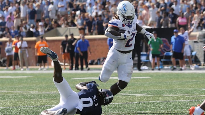Saturday, August 31, 2024; Statesboro, Georgia; Boise State running back Ashton Jeanty gains yardage against Georgia Southern during the season opener on Saturday, August 31, 2024 at Paulson Stadium in Statesboro, Georgia.