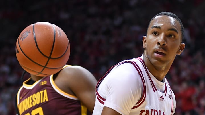 Dec 9, 2024; Bloomington, Indiana, USA; Indiana Hoosiers forward Bryson Tucker (8) reacts after scoring during the first half against the Minnesota Golden Gophers at Simon Skjodt Assembly Hall. Mandatory Credit: Robert Goddin-Imagn Images Dec 9, 2024; Bloomington, Indiana, USA; Indiana Hoosiers forward Bryson Tucker (8) reacts after scoring during the first half against the Minnesota Golden Gophers at Simon Skjodt Assembly Hall. Mandatory Credit: Robert Goddin-Imagn Images