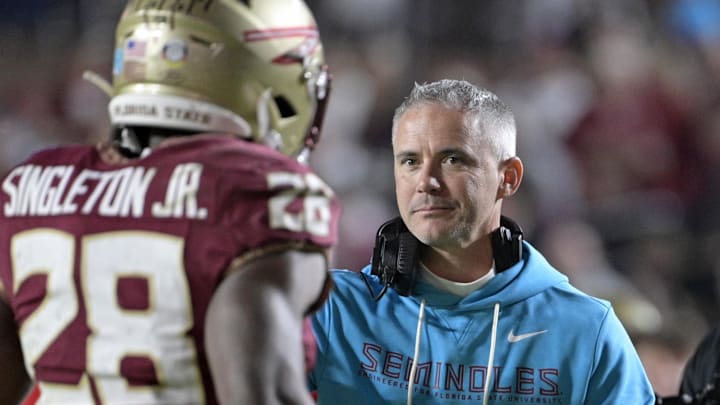Nov 1, 2025; Tallahassee, Florida, USA; Florida State Seminoles head coach Mike Norvell celebrates a touchdown during the fourth quarter against the Wake Forest Demon Deacons at Doak S. Campbell Stadium. Mandatory Credit: Melina Myers-Imagn Images