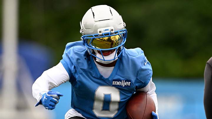 Jun 17, 2026; Detroit, MI, USA; Detroit Lions running back Jahmyr Gibbs (0) runs drills  during the Detroit Lions veteran’s minicamp at the Allen Park Training Facility. Mandatory Credit: Lon Horwedel-Imagn Images