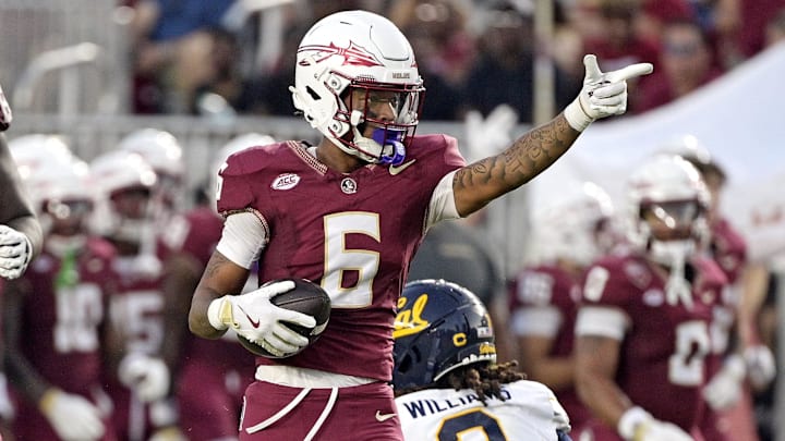 Sep 21, 2024; Tallahassee, Florida, USA; Florida State Seminoles wide receiver Jalen Brown (6) signals first down after a catch during the first half against the California Golden Bears at Doak S. Campbell Stadium. Mandatory Credit: Melina Myers-Imagn Images