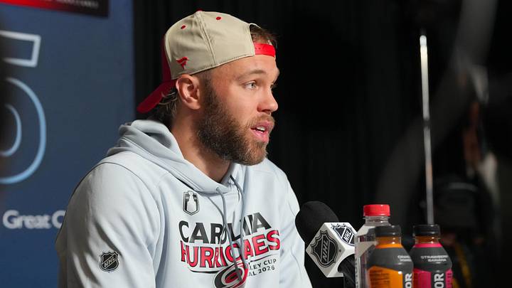 Jun 1, 2026; Raleigh, North Carolina, USA; Carolina Hurricanes left wing Taylor Hall (71) talks to the press during media day for the 2026 Stanley Cup Final at Lenovo Center. Mandatory Credit: James Guillory-Imagn Images
