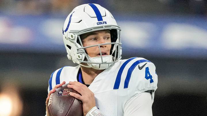 Indianapolis Colts quarterback Easton Stick (4) searches to pass the ball Saturday, Aug. 29, 2026, during the game against the Detroit Lions at Lucas Oil Stadium in Indianapolis. The Detroit Lions defeated the Indianapolis Colts, 25-16.