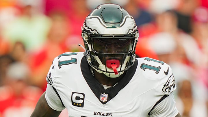 Sep 14, 2025; Kansas City, Missouri, USA; Philadelphia Eagles wide receiver A.J. Brown (11) goes into motion during the first half against the Kansas City Chiefs at GEHA Field at Arrowhead Stadium. Mandatory Credit: Jay Biggerstaff-Imagn Images Sep 14, 2025; Kansas City, Missouri, USA; Philadelphia Eagles wide receiver A.J. Brown (11) goes into motion during the first half against the Kansas City Chiefs at GEHA Field at Arrowhead Stadium. Mandatory Credit: Jay Biggerstaff-Imagn Images