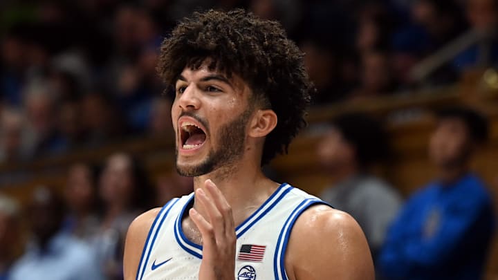 Nov 14, 2025; Durham, North Carolina, USA;  Duke Blue Devils forward Cameron Boozer (12) calls a play before inbounding the ball during the second half against the Indiana State Sycamores at Cameron Indoor Stadium. Mandatory Credit: Rob Kinnan-Imagn Images