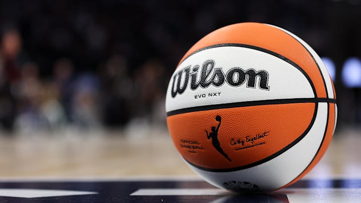 Oct 8, 2024; Minneapolis, Minnesota, USA; A detailed view of the ball during the second half of game five of the 2024 WNBA playoffs between the Minnesota Lynx and the Connecticut Sun at Target Center. Mandatory Credit: Matt Krohn-Imagn Images