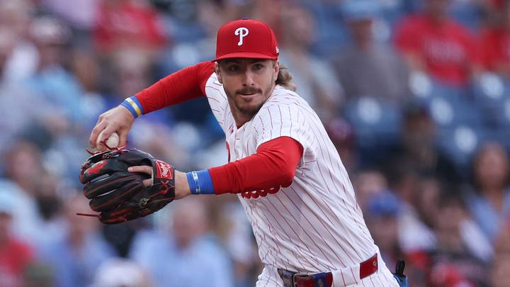Aug 19, 2026; Philadelphia, Pennsylvania, USA; Philadelphia Phillies second baseman Bryson Stott (5) in action against the Miami Marlins at Citizens Bank Park. Mandatory Credit: Bill Streicher-Imagn Images