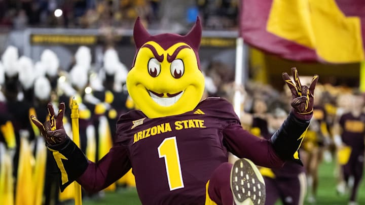 Nov 28, 2025; Tempe, Arizona, USA; Arizona State Sun Devils mascot Sparky during the 99th Territorial Cup at Mountain America Stadium. Mandatory Credit: Mark J. Rebilas-Imagn Images