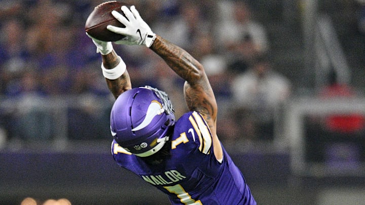 Sep 14, 2025; Minneapolis, Minnesota, USA; Minnesota Vikings wide receiver Jalen Nailor (1) makes a catch during the first half against the Atlanta Falcons at U.S. Bank Stadium. Mandatory Credit: Jeffrey Becker-Imagn Images