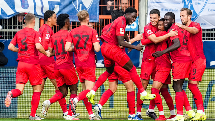 Bayern Munich celebrating a goal against VfL Bochum on Sunday.