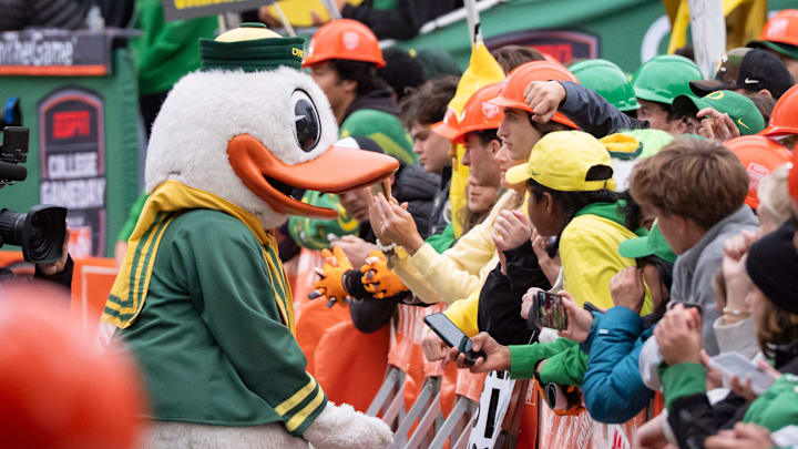 The Duck interacts with fans during ESPN’s “College GameDay” on the campus of the University of Oregon on Oct. 11, 2025, in Eugene, Oregon.