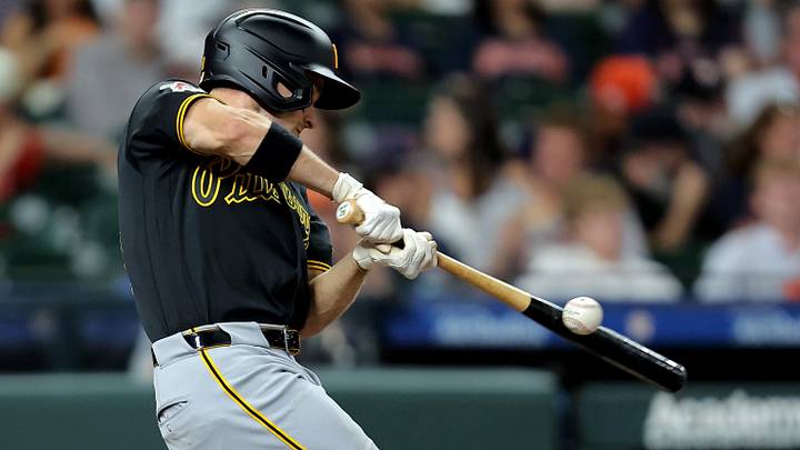 Jun 4, 2026; Houston, Texas, USA; Pittsburgh Pirates left fielder Jake Mangum (28) hits a double against the Houston Astros during the fifth inning at Daikin Park. Mandatory Credit: Erik Williams-Imagn Images