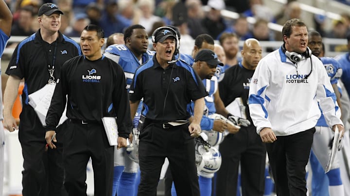 October 26, 2008; Detroit, MI, USA;  Detroit Lions head coach Rod Marinelli and defensive coordinator Joe Barry reacts to a late fourth quarter loose ball call that went to the Washington Redskins at Ford Field. The Redskins defeated the Lions 25-17. Mandatory Credit: Leon Halip-Imagn Images
