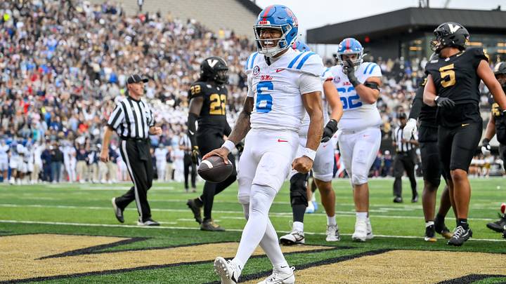 Mississippi Rebels quarterback Trinidad Chambliss celebrates his touchdown against the Vanderbilt Commodores during the first half at FirstBank Stadium. Mandatory Credit: Steve Roberts-Imagn Images