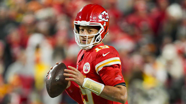 Dec 8, 2024; Kansas City, Missouri, USA; Kansas City Chiefs quarterback Patrick Mahomes (15) drops back to pass during the second half against the Los Angeles Chargers at GEHA Field at Arrowhead Stadium. Mandatory Credit: Jay Biggerstaff-Imagn Images Dec 8, 2024; Kansas City, Missouri, USA; Kansas City Chiefs quarterback Patrick Mahomes (15) drops back to pass during the second half against the Los Angeles Chargers at GEHA Field at Arrowhead Stadium. Mandatory Credit: Jay Biggerstaff-Imagn Images