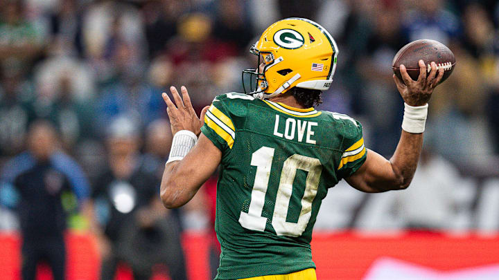 Green Bay Packers quarterback Jordan Love passes against the Philadelphia Eagles in the first NFL game in Brazil