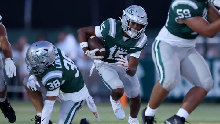 Jaden Jefferson, who finished fourth in the state 100-meter dash (10.40 seconds), scored on a 43-touchdown run in the third quarter during De La Salle's 39-10 win over Serra on Sept. 6, 2024 at Owen Owens Field.  Jefferson committed to North Carolina and first-year coach Bill Belichick on Tuesday. 