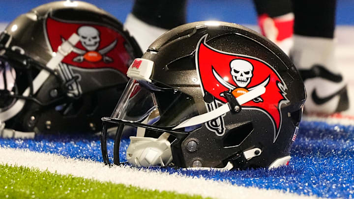 Oct 26, 2023; Orchard Park, New York, USA; A general view of Tampa Bay Buccaneer helmets prior to the game against the Buffalo Bills at Highmark Stadium. Mandatory Credit: Gregory Fisher-Imagn Images