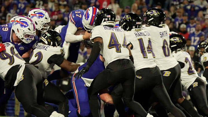 Buffalo Bills quarterback Josh Allen jumps over the scrimmage line to get a touchdown during the second half of their game against the Baltimore Ravens at Highmark Stadium in Orchard Park on Sept. 7, 2025.